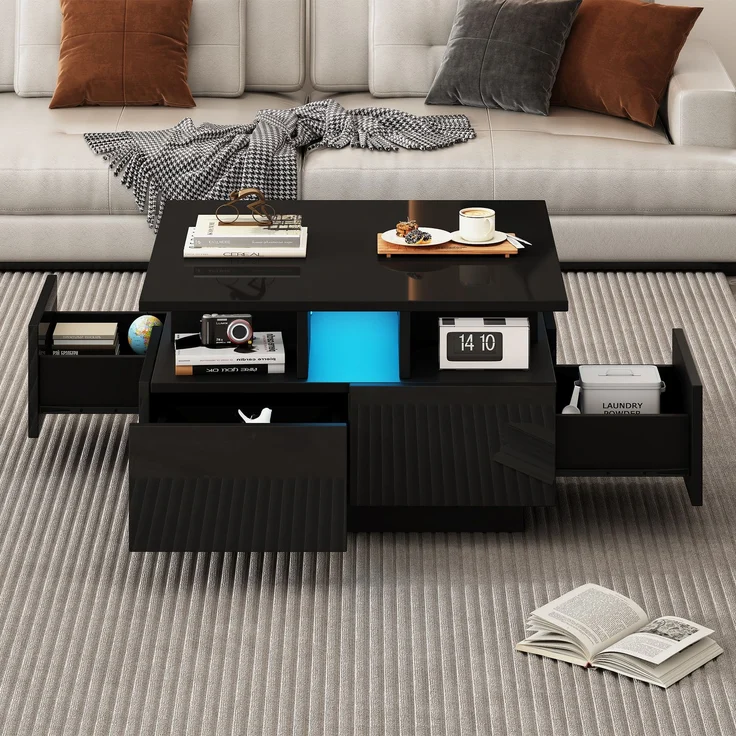 Merax Couchtisch mit LED licht, sofatisch mit 4 schubladen, Beistelltisch, Schwarz – Bild 2