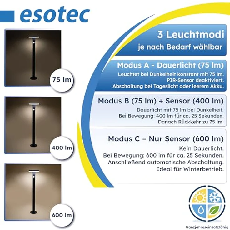 Esotec Solar PIR Standleuchte Mia 85, Edelstahl-Gehäuse, 40 LEDs, Bewegungsmelder, schwarz, H=84,5cm, winterfest, Li-Ion Akku – Bild 4