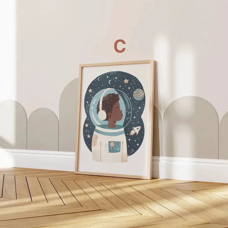 Astronaut Poster Kinderzimmer · Geschenkidee für Kinder · Kinderzimmer Deko · Weltraum Rakete & Planeten · Deko Print ohne Rahmen - C / 10x15cm