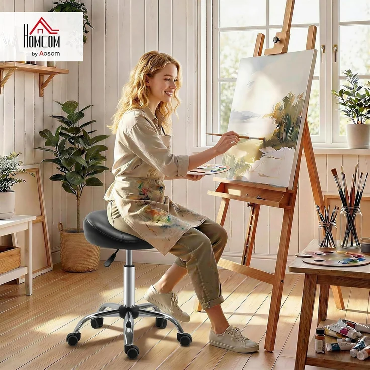 HOMCOM Rollsitz Samt-Touch mit Rädern, Rollhocker höhenverstellbar (Salonstuhl, 1 St, Salonhocker), für Wohnzimmer, Schwarz – Bild 2