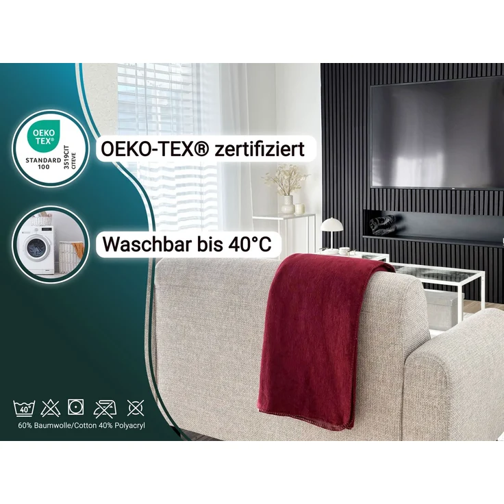 ZOLLNER Kuscheldecke in Wendeoptik, 150x200 cm, bordeaux-hellrot – Bild 2