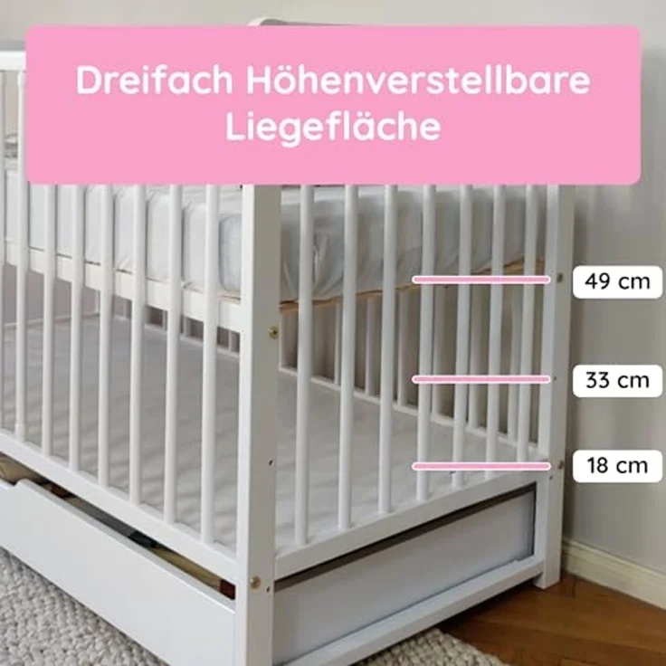 Kids Collective Babybett Kinderbett Gitterbett 60x120 cm Set mit Matratze & Schublade, höhenverstellbarer Lattenrost & abnehmbare Sprossen, weiß, Vollholz – Bild 3