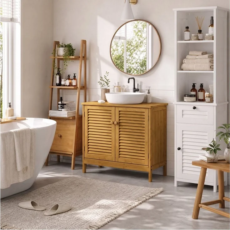 Blishom Waschbeckenschrank Waschbeckenunterschrank mit Lamellentüren und Einlegeboden Badschrank, Badezimmer, Unterschrank, Magnetverschluss – Bild 4