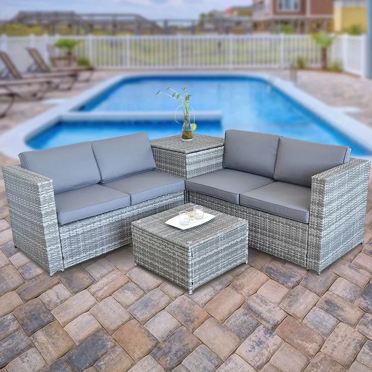 PolyRattan Sitzgruppe mit Auflagenbox Garten Sofa Gartenmöbel Lounge grau XXL – Bild 1