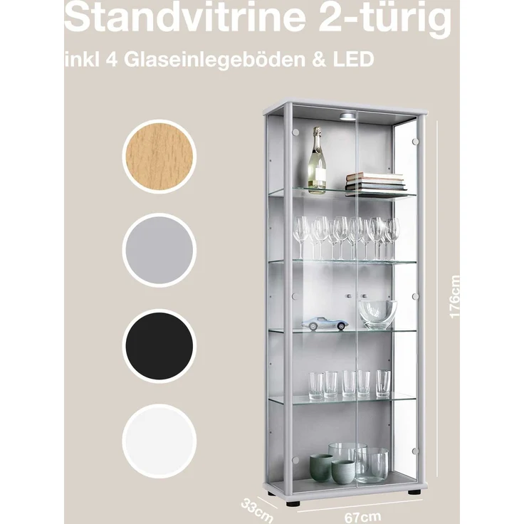 K-Möbel Glasvitrine C1019 (Glasvitrine (176x67x33 cm) mit 2 Glastüren) Glasvitrine Stehend – Bild 3