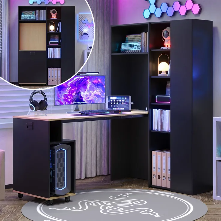 Klappbarer Schreibtisch mit Ablagen –2-in-1-Bücherregal und Schreibtisch, klappbar, mit Steckdose und USB-Anschluss, höhenverstellbare Ablagen, Kippschutz, Schreibtisch,Eck-Schreibtisch-rechts