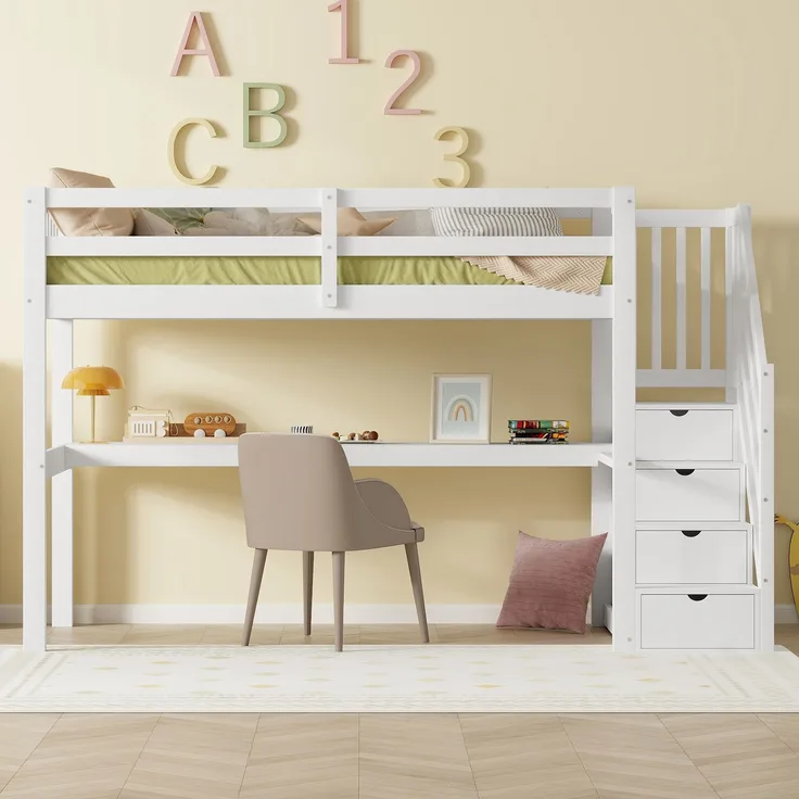 Bett 90x200 cm mit Stauraum und Unterbettschreibtisch – platzsparendes Massivholz-Hochbett