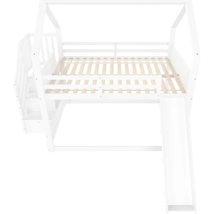 Etagenbett mit Stauraumtreppe und Rutsche, Hausbett(Ohne Matratze), Kinderbett mit Geländer,geeignet für Kinder, Jugendliche, 140x200 cm, Weiß – Bild 8