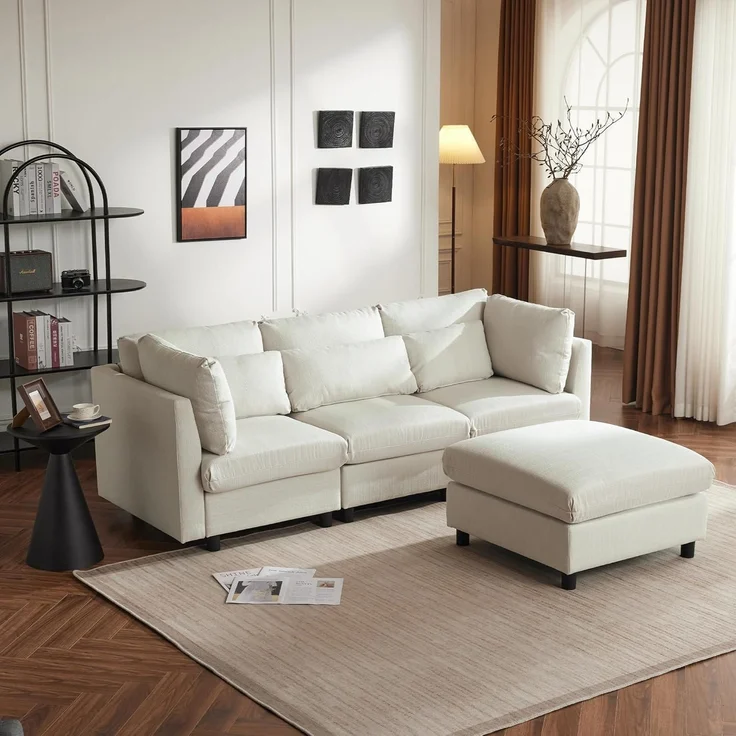 Ecksofa Fußhocker 220cm L Form 3 Sitzer Beige Ecksofa mit Fußhocker – Bild 5