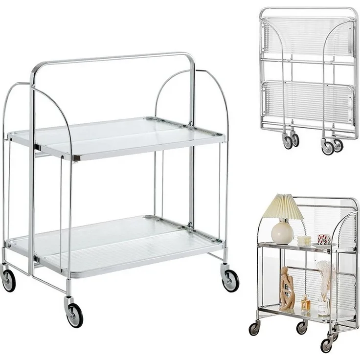PFCTART Beistellwagen Mobile Storage Folding Trolley, Servierwagen, zusammenklappbar, Dinett Ablagekorb 2 Tier Clear gehärtetes Glas with Wheels
