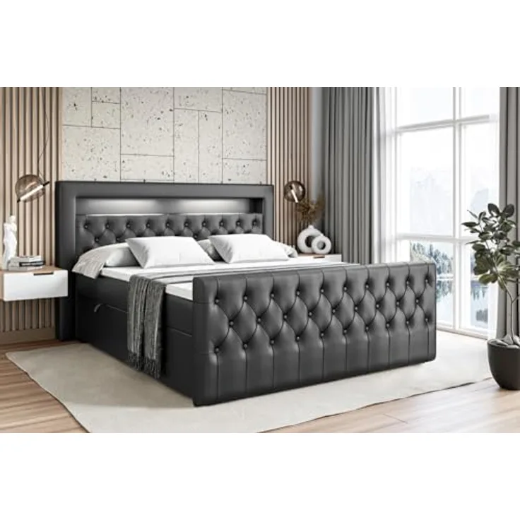ALTDECOR Boxbett 200x200 cm, Schwarz Hochglanz, mit 20 cm hoher Matratze und LED-Beleuchtung, inklusive Topper und zwei Bettkästen