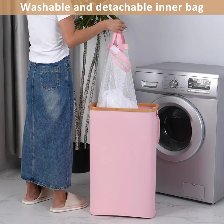 Wäschekorb mit Deckel 60L Rosa Bambusgriff Faltbarer Slim für Schlafzimmer – Bild 5