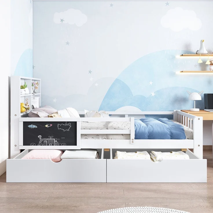 Kinderbett mit Rausfallschutz, Lattenrost und Schubladen, 90x200 cm, Jugendbett, Kiefer – Bild 2
