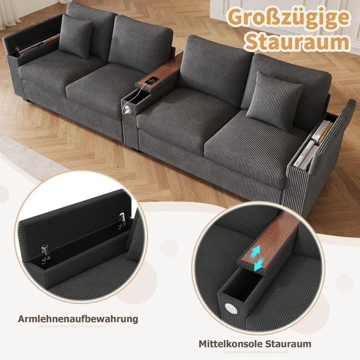 Big-Sofa mit Mehrfachsteckdosen und Stauraum, USB und Type-C, 4-Sitzer, inkl. loser Rückenkissen, Cord Bezug – Bild 3