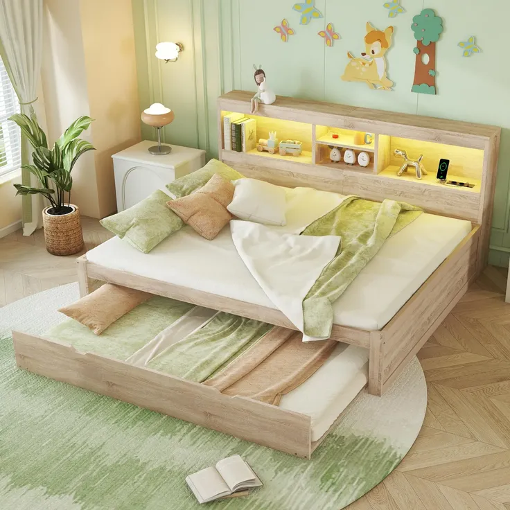 Massivholzbett mit Gästebett, 140x200 cm, Doppelbett mit LED-Beleuchtung, Mehrfachsteckdose und Lattenrost, Jugendbett