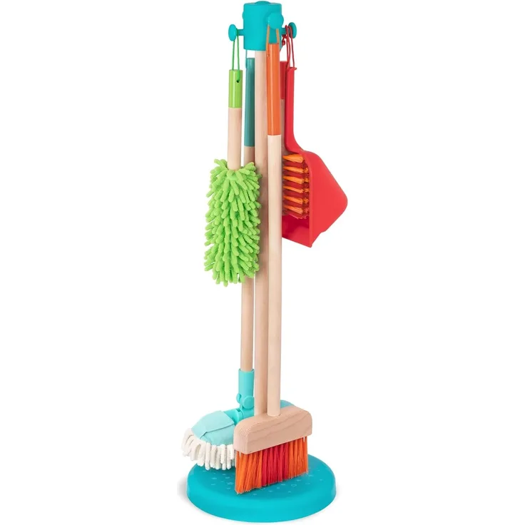 Battat 62243453722 Kinder Holzspielzeug Besen mit langem Stiel, Kehrschaufel, Handfeger, Wischmopp und Staubwedel Set mit Ständer aus Holz – Kinderbesen Spielzeug ab 2 Jahren, Bunt