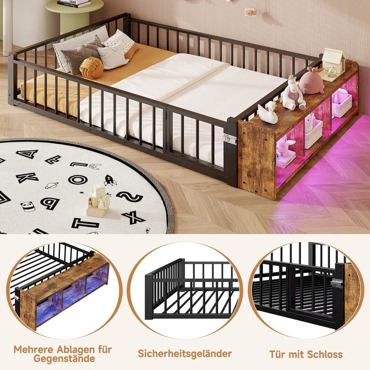 Kinderbett mit LED-Streifen, Regal, Zaun, Lattenrost und Tür, 140x200 cm, Einzelbett mit Rausfallschutz, Metallbett – Bild 5