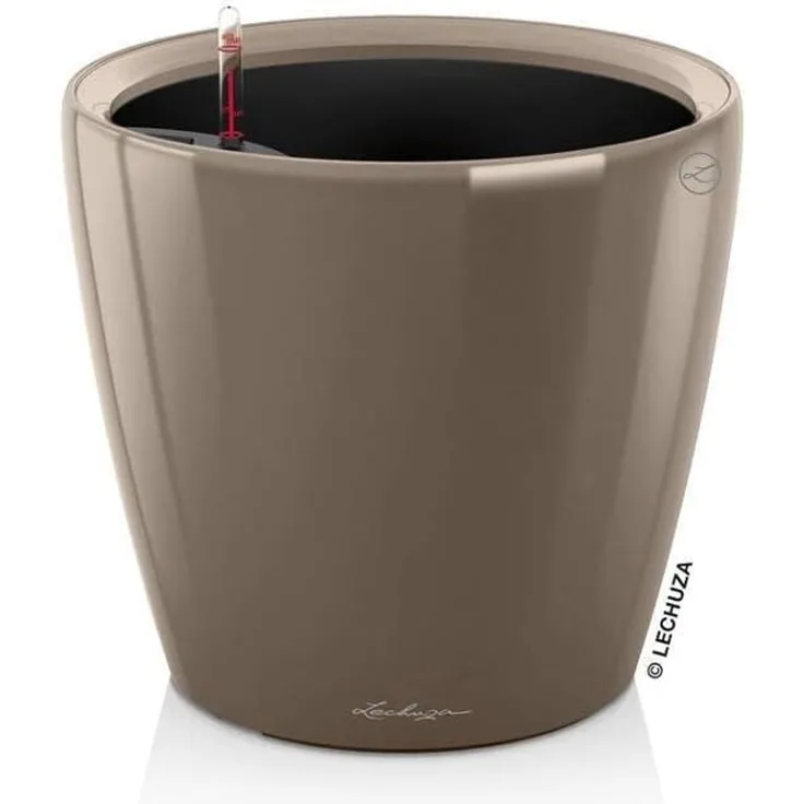 Lechuza 16085 CLASSICO Premium LS 43 Herausnehmbarer Pflanzeinsatz mit patentiertem Griffrahmen, Taupe Hochglanz, Hochwertiger Kunststoff, Inkl. Bewässerungssystem, Für Innenraumbegrünung