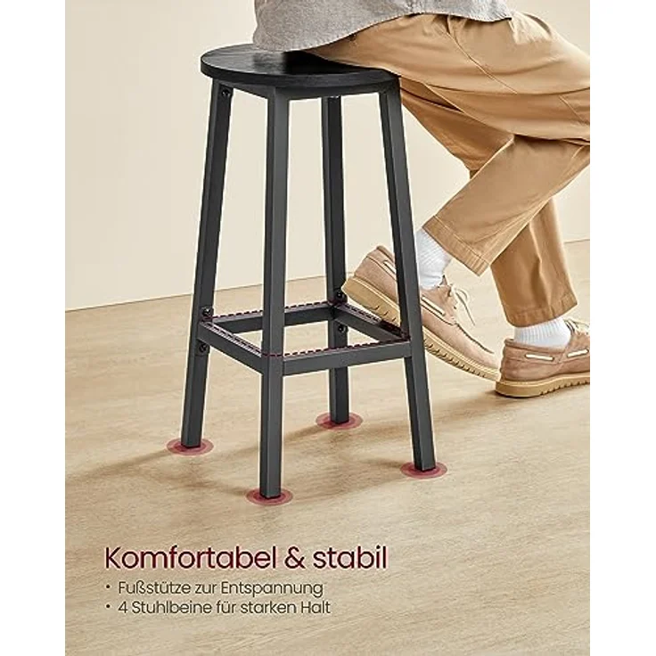 VASAGLE Barhocker, 2er Set, Barstühle, Küchenstühle mit Metallgestell, einfache Montage, 65 cm hoch, mit Fußstütze, für Küche, Wohnzimmer, Esszimmer, ebenholzschwarz-schwarz LBC032B56 – Bild 8