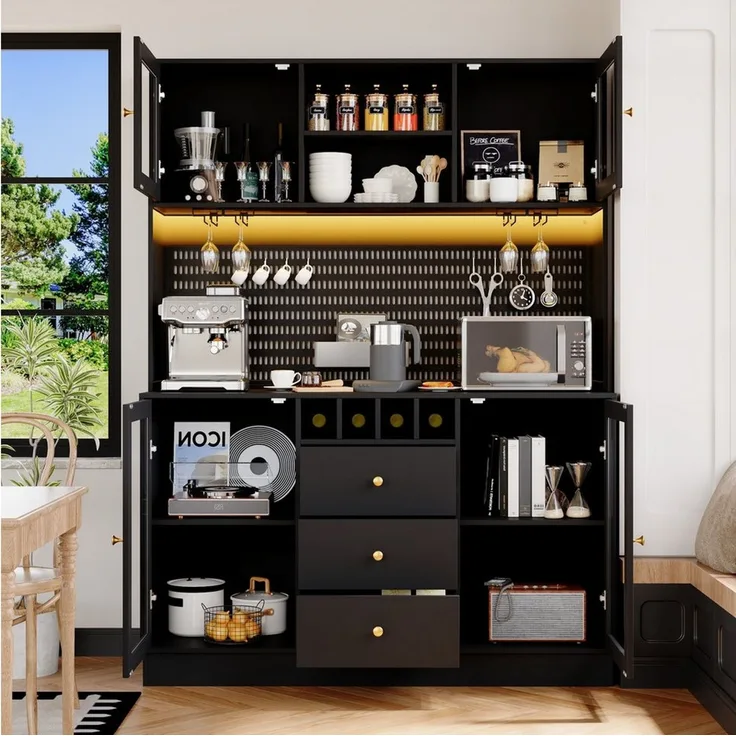Odikalo Küchenbuffet Küchenschrank Buffetschrank mit LED Beleuchtung & Weinregal (mit Smart LED Beleuchtung, Hochschränke fürs Wohnzimmer,Seitenschrank mit Weinregal und Kippsicherung, Verstellbare Einbauregale)
