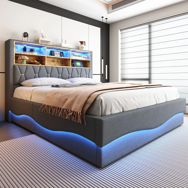 Polsterbett 180x200 cm mit Stauraum und LED-Beleuchtung – Leinenbezug & Metall-Lattenrost – Bild 2