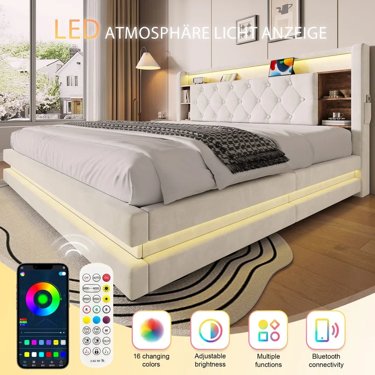 TavilaEcon Boxspringbett Samtbett, Polsterbett mit LED-Beleuchtung & USB-Ladefunktion beige Liegefläche 180 × 200 cm – Bild 3