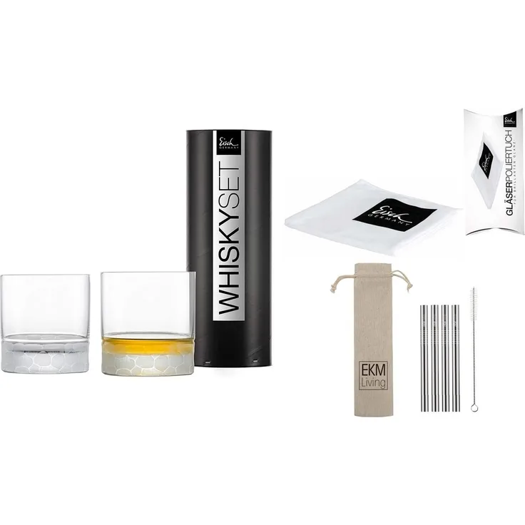Eisch Whisky Becher Hamilton 2er Vorteilsset 400ml in Geschenkröhre 506.14 + Gratis Eisch Reinigungstuch und 4er Set EKM Living Edelstahl Trinkhalme