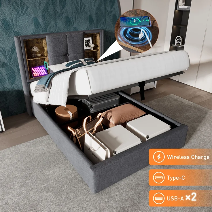 Einzelbett Polsterbett Baumwolle mit Stauraum & USB-Anschluss, 95x206x100,5 cm, Grau, ohne Matratze – Bild 6