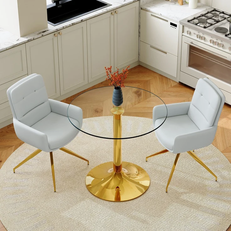 Esstischgruppe H 76 x T 85 x B 85 cm aus Glas und Metall mit 2 drehbaren Stühlen in Hellgrau – Bild 2