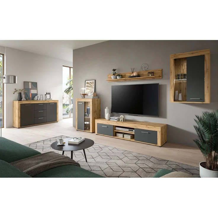 xonox. home Wohnen Jam X8BN1T40 Vitrine Glasvitrine Dekoschrank Glas-Kommode in Wotan Eiche Melamin/grau Nachbildung, ca. B/H/T: 600 x 86 x 35 cm – Bild 8