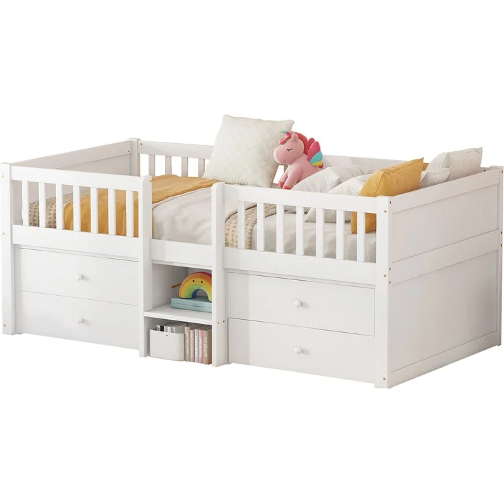 Halbhohes Bett, 90*200cm , 4 Schubladen, Geländer, Leiter, Kiefernholz, Ohne Matratze, Minimalistischer Stil, Weiß – Bild 7