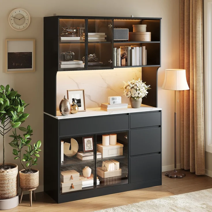 ZUBALIYA Vitrine, mit Schubladen, mit Stauraum, mit LED-Beleuchtung, H 180 × T 40 × B 120 cm, Schwarz / Weiß, MDF – Bild 6