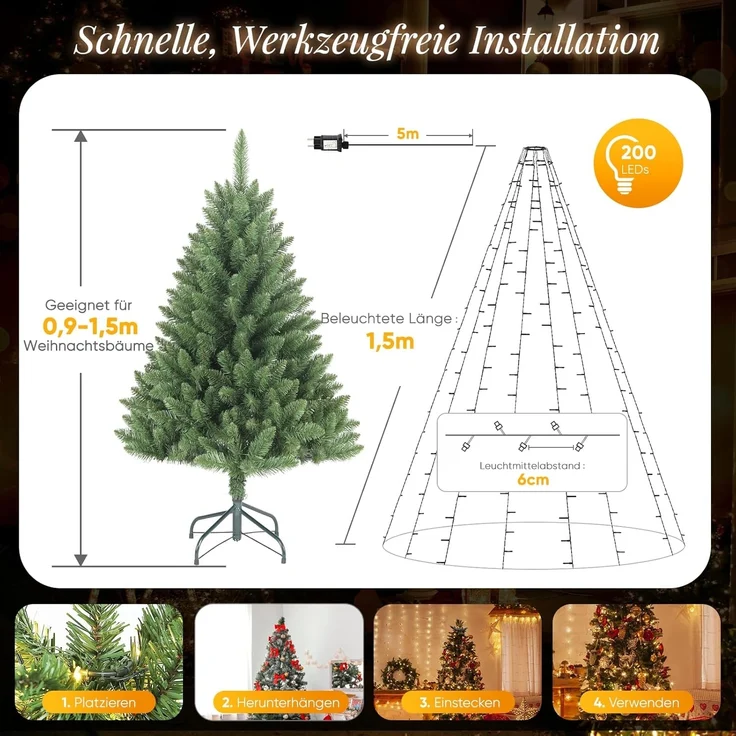 Salcar LED-Lichterkette LED Weihnachtsbaum Lichterkette – Warmweiß & Bunt umschaltbar, 2m 280 LED 9 Modi mit 8 Girlanden für 150cm - 240cm Tannenbaum – Bild 2