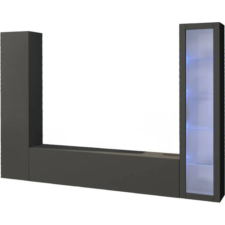 Dmora Ausgestattete Wand Felicina, 3-türiges TV-Ständer-Wohnzimmerset, Mehrzweck-Wohnzimmermöbel mit Vitrine und LED-Licht, 100 % Made in Italy, 260 x 30 x 180 cm, Anthrazit,