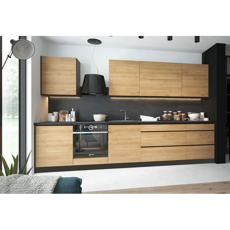 Küchenzeile TREVISO mit Arbeitsplatte 335cm lava Pembroke schwarz matt Teilauszug
