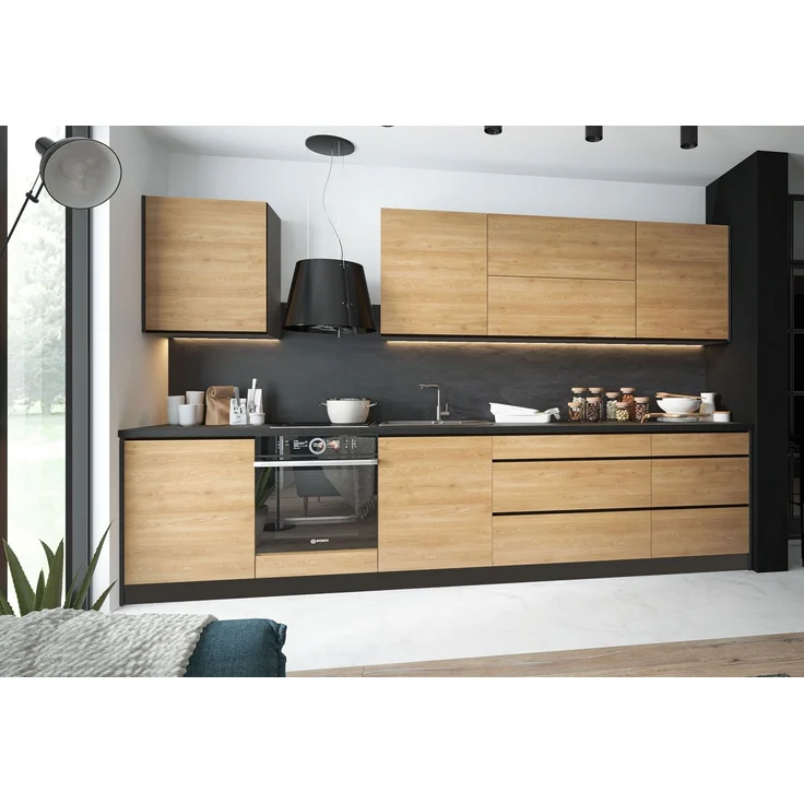 Küchenzeile TREVISO mit Arbeitsplatte 335cm lava Pembroke schwarz matt Teilauszug