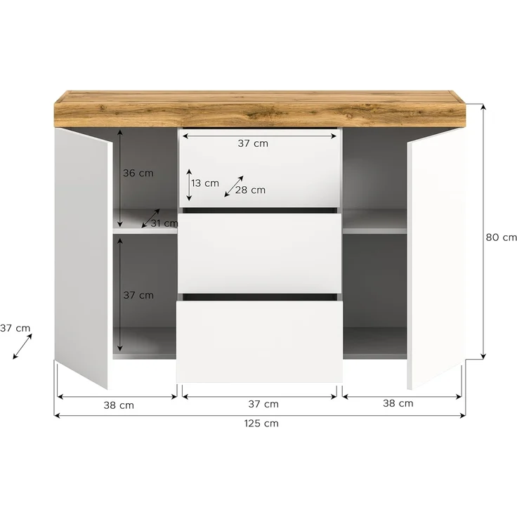 xonox. home Wohnen Sugar X8AK6T01 Sideboard Kommode Schrank elegant in Weiß Melamin mit 2 Türen und 4 Fächer, ca. B/H/T: 125 x 80 x 37 cm – Bild 3