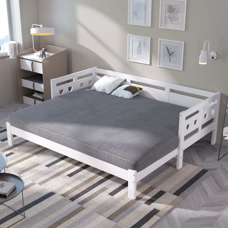 Herzform Schlafsofa, Daybed ausziehbar, Kinderbett und Gästebett, weißes Polster, Kiefernholz, platzsparend – Bild 7