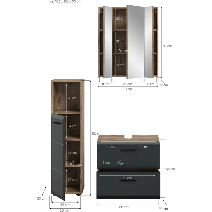 Badkombination (B/H/T: 105x185x30 cm) in schwarz matt und Nox Oak Nachbildung – Bild 4