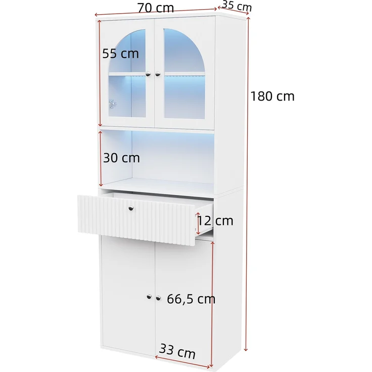 ZUBALIYA LED Glasvitrine, Bücherschrank, Büroschrank mit RGB LED Lichtleisten, Figurenvitrine, Stauraumschrank, Büromöbel, mit Schubladen, Sammlervitrine, Hochschrank, LED Beleuchtung, Weiß, 70 x 35 x 180 cm – Bild 6