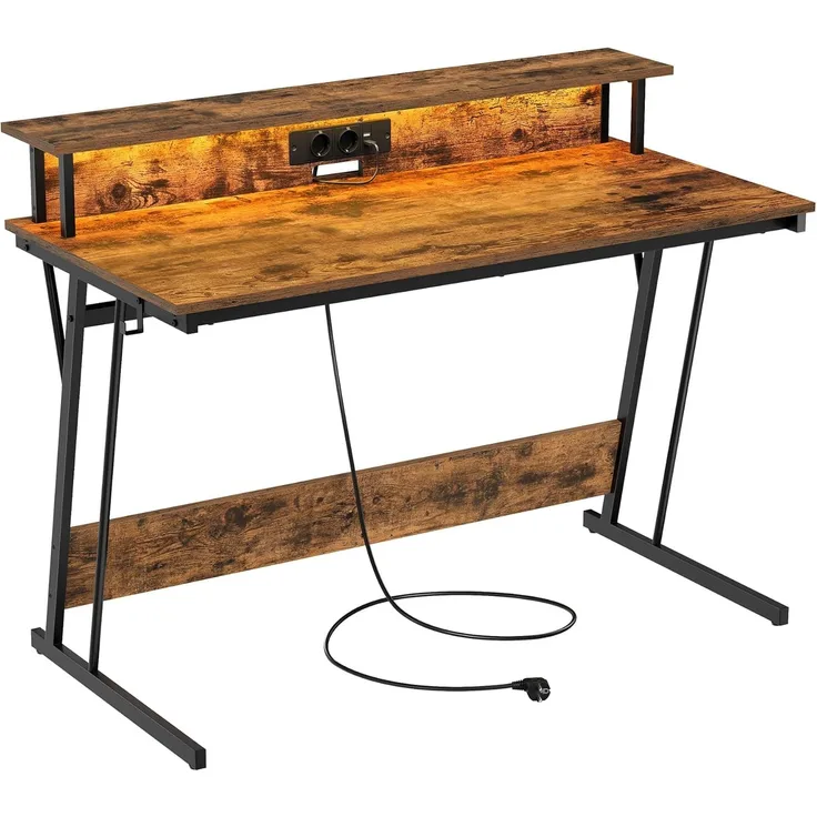 Vasagle Schreibtisch, Gaming Tisch mit eingebauter Steckdosenleiste, Computertisch, mit Monitorständer für 2 Monitore, Schlafzimmer, 60 x 120 x 76 cm, vintagebraun LWDDE192K01