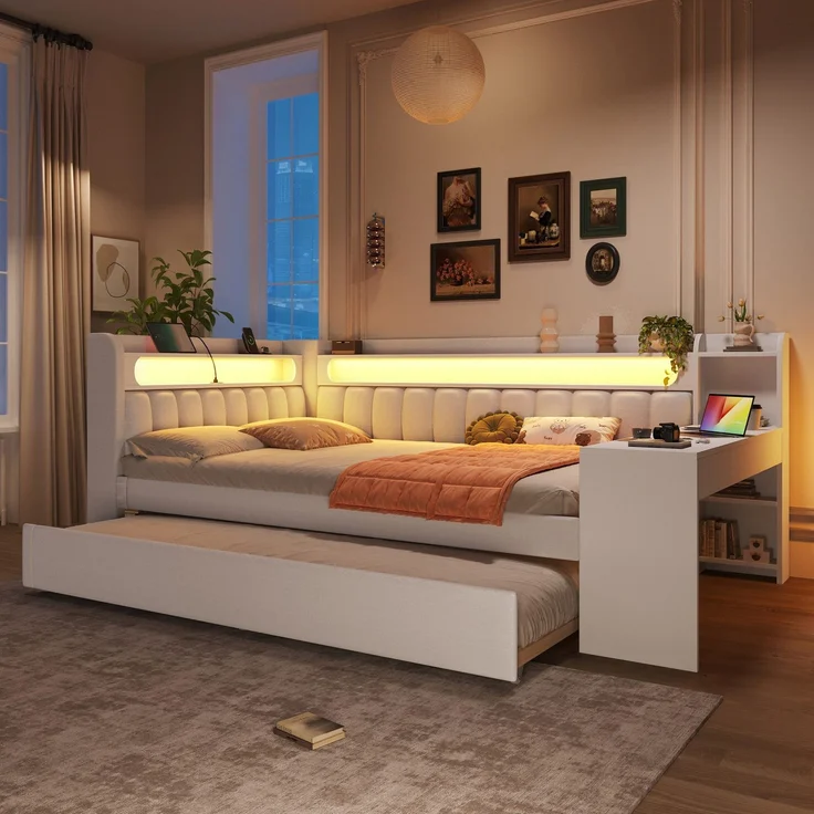 Stauraumbett mit gepolstertem Kopfteil, Schreibtisch und LED-Beleuchtung (140x200cm, Lattenrost, Regal, Gästebett, USB und Type-C), Doppelbett – Bild 3