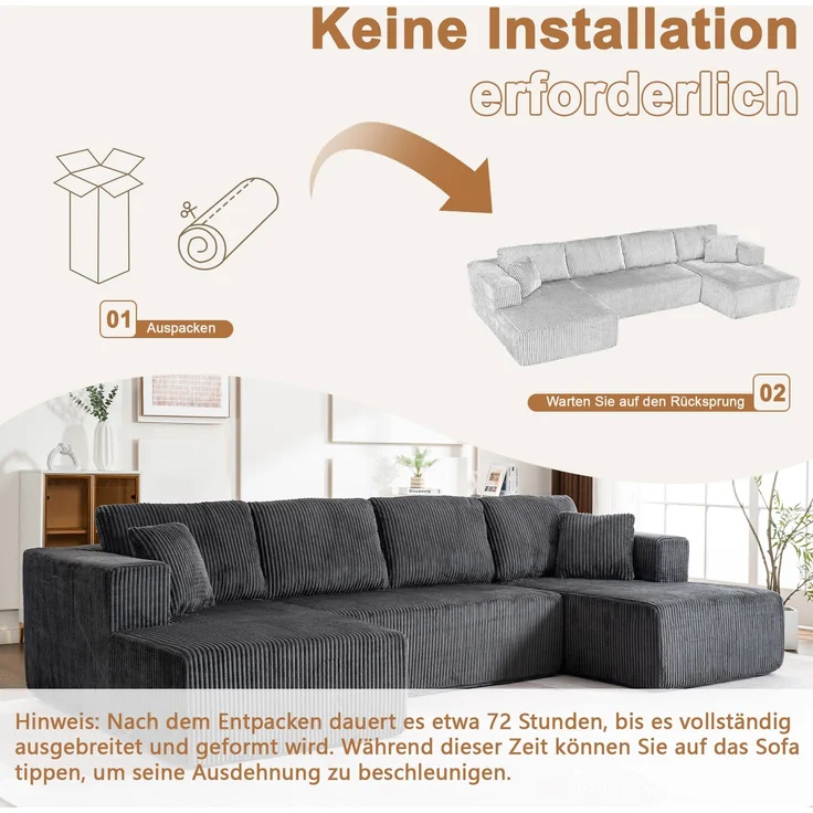 Schlafsofa U-Form 332x156x88 cm Grau aus Corduroy mit Federkern- und Schwammkernkomfort, ohne Montage – Bild 9