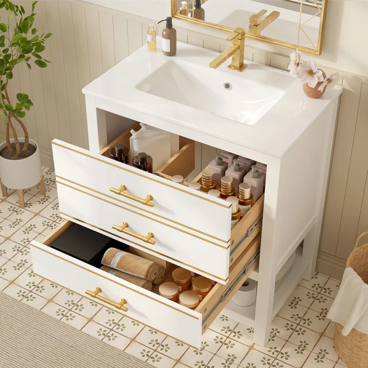 Waschtisch-Unterschrank 76 cm Weißgold mit Keramikbecken 2 Schubladen gold handhaben – Bild 3