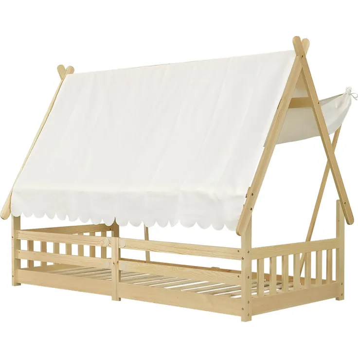 Hausbett mit Lattenrost und Zelt, 90x200 cm, Kinderbett mit Zaun, Holzbett, Einzelbett, Kiefer – Bild 9
