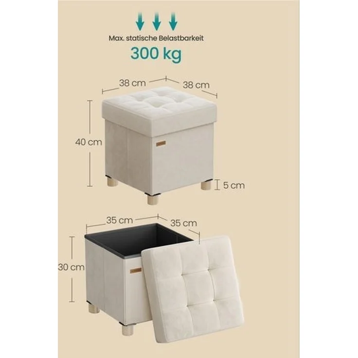 SONGMICS Sitzhocker mit Stauraum, Hocker faltbar, 38 x 38 x 40 cm, Aufbewahrungsbox mit Deckel, Fußhocker 37 L, Samt, bis 300 kg belastbar – Bild 3