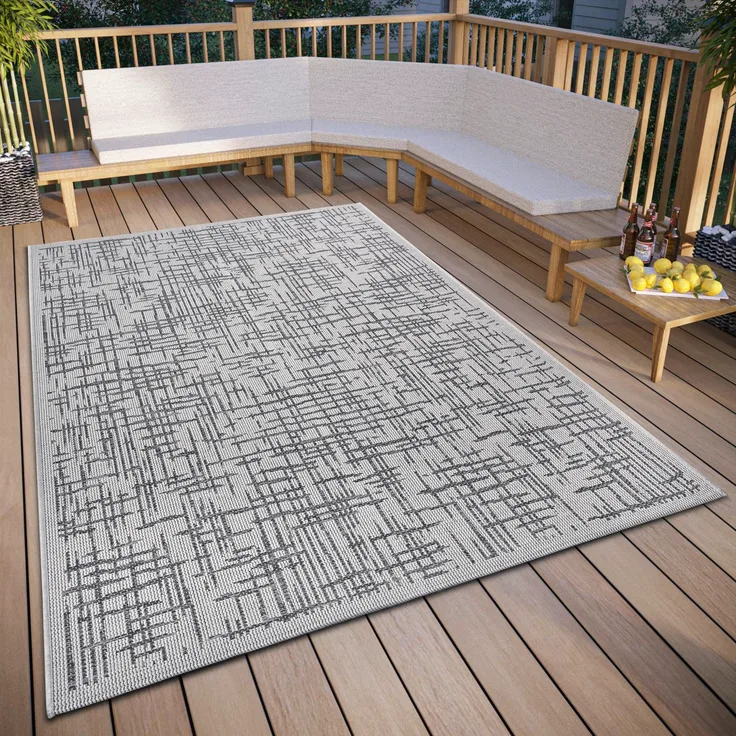 Hanse Home Telu In- & Outdoor Teppich Wetterfest – Modernes Muster, Wasserfest robuster Aussenteppich Flachgewebe für Garten, Balkon, Terrasse, Wohnzimmer – Beige Grau, 63x120 cm