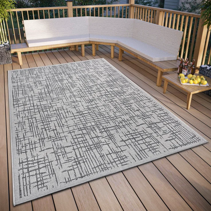 Hanse Home Telu In- & Outdoor Teppich Wetterfest – Modernes Muster, Wasserfest robuster Aussenteppich Flachgewebe für Garten, Balkon, Terrasse, Wohnzimmer – Beige Grau, 63x120 cm