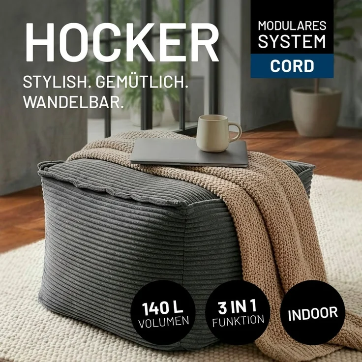 Lumaland Sitzsack-Sofa, Polyester, Pouf, Cord - Grau, 40 x 54 x 54 cm – Bild 3