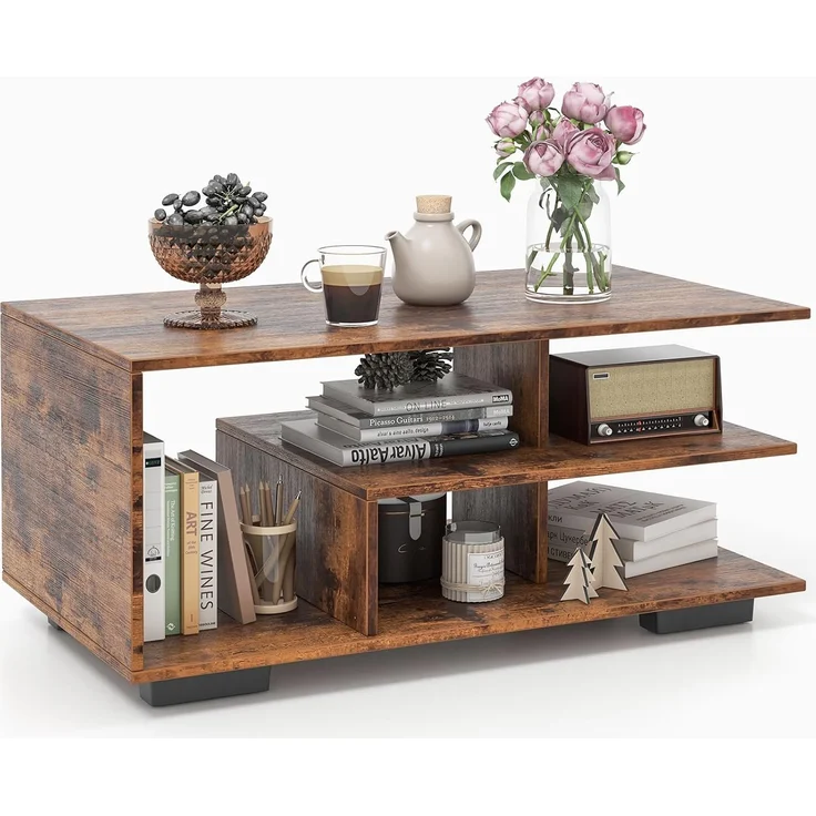 FANTASK Couchtisch mit offenen Ablagen, Sofatisch Holz mit L-förmiger Mittelablage, 3-stufiger geometrischer Wohnzimmertisch für Wohnzimmer, Empfangsraum, 90 x 50 x 42 cm (Rustikales Braun)